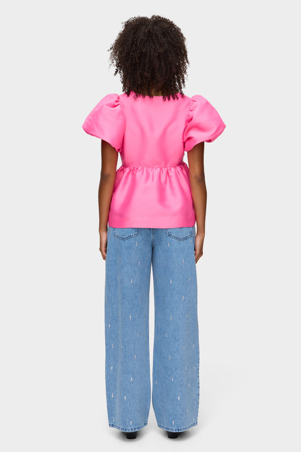 Aligne ALIGNE Puff Sleeve Peplum Satin Top - Pink | Allanah TOPS