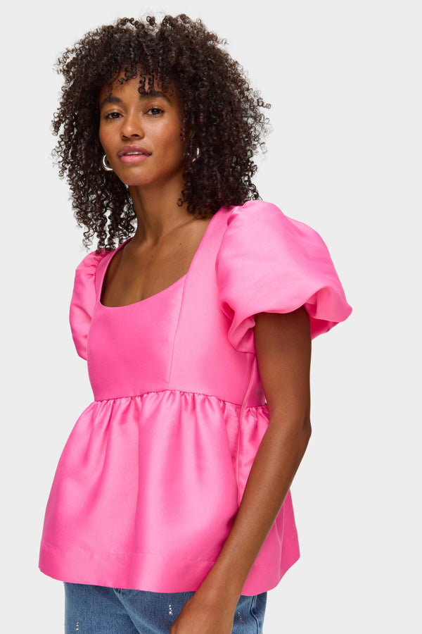 aligne ALIGNE Puff Sleeve Peplum Satin Top - Pink | Allanah TOPS