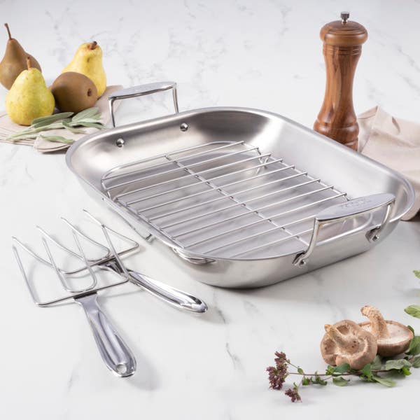 All Clad D3 Stainless 3-Ply Bonded Cookware; Large Flared Roaster With Rack And Two Turkey Forks