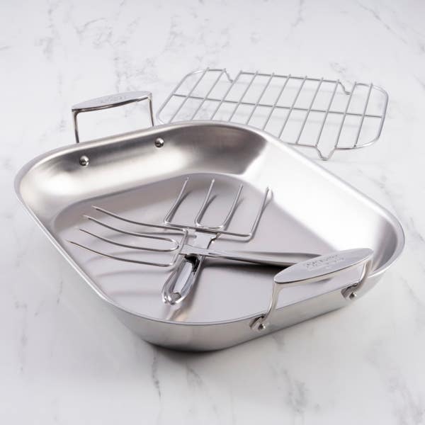 All Clad D3 Stainless 3-Ply Bonded Cookware; Large Flared Roaster With Rack And Two Turkey Forks