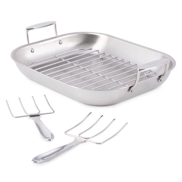 all clad D3 Stainless 3-Ply Bonded Cookware; Large Flared Roaster with Rack and Two Turkey Forks