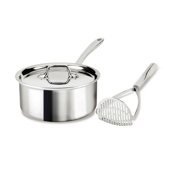 all clad D3 Stainless Everyday 3-ply Bonded 3 quart Sauce Pan with Lid & Potato Masher 2 piece Set