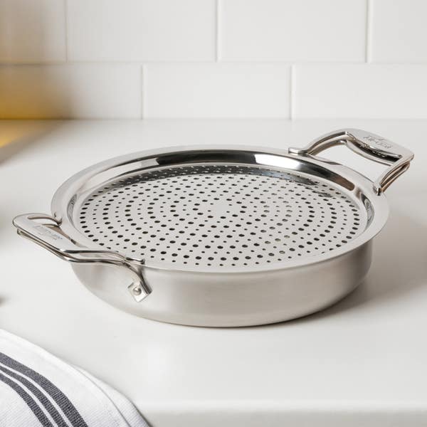 All Clad D5 Stainless Brushed 5-ply Bonded Cookware; Sauteuse With Lid And Strain & Splatter Guard; 4 Quart