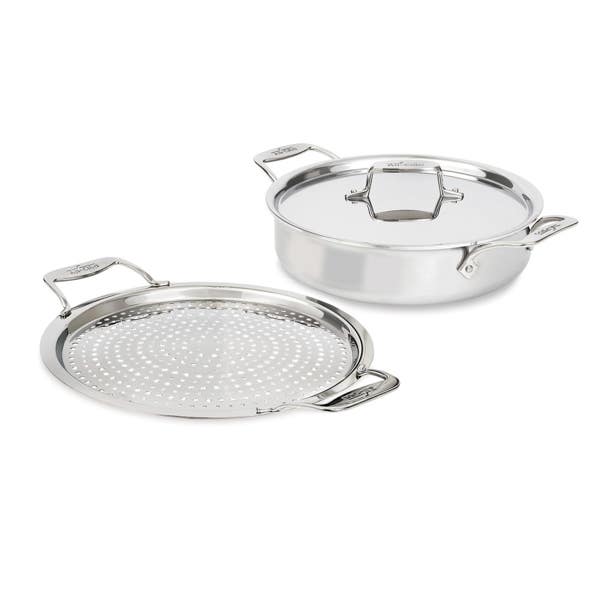 all clad D5 Stainless Brushed 5-ply Bonded Cookware; Sauteuse with lid and Strain & Splatter Guard; 4 quart all clad D5 Stainless Brushed 5-ply Bonded Cookware; Sauteuse with lid and Strain & Splatter Guard; 4 quart