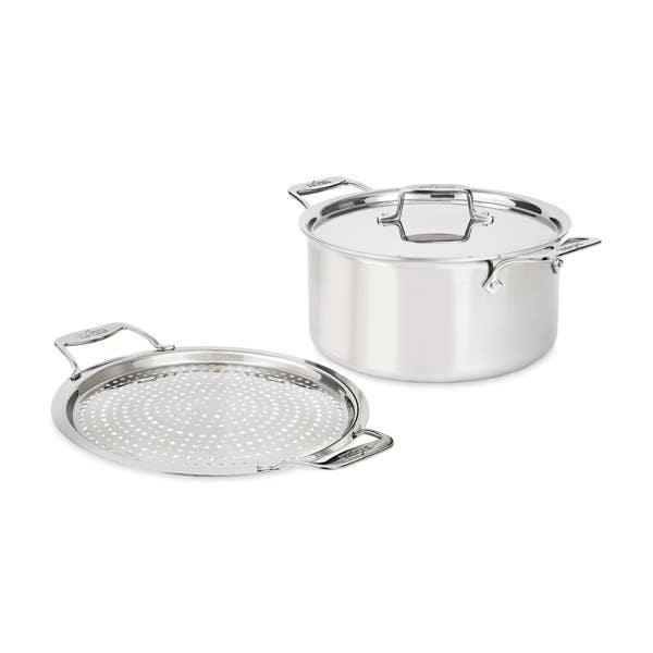 all clad D5 Stainless Brushed 5-ply Bonded Cookware; Stockpot with lid and Strain & Splatter Guard; 8 quart
