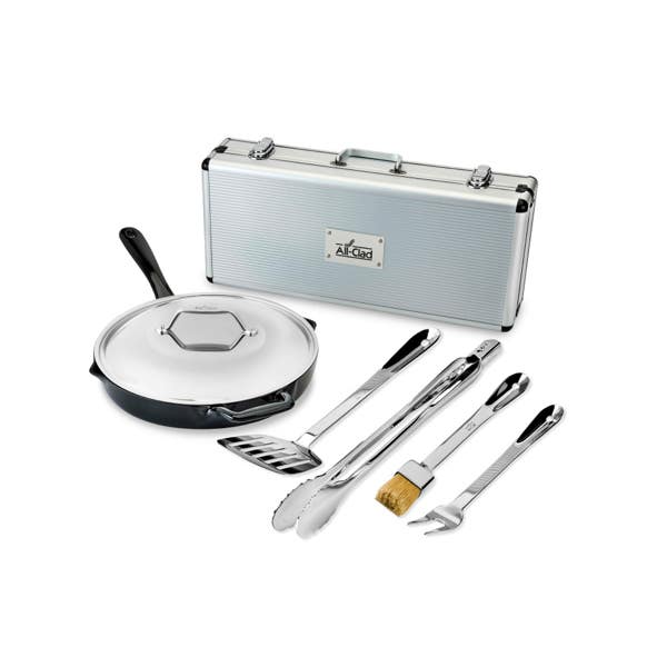All Clad Enameled Cast Iron 12 Inch Skillet With Lid & 5 Piece BBQ Tool Set
