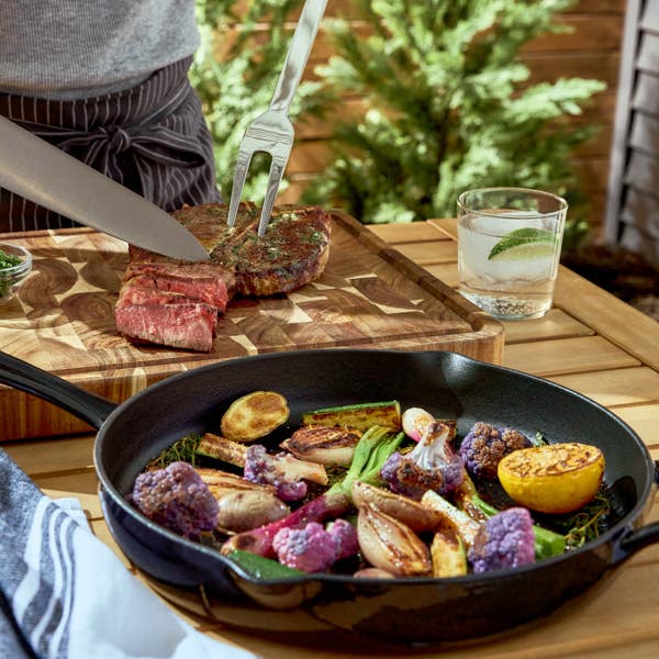 All Clad Enameled Cast Iron 12 Inch Skillet With Lid & 5 Piece BBQ Tool Set