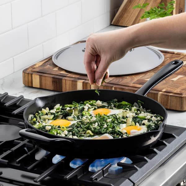 All Clad Enameled Cast Iron 12 Inch Skillet With Lid & 5 Piece BBQ Tool Set