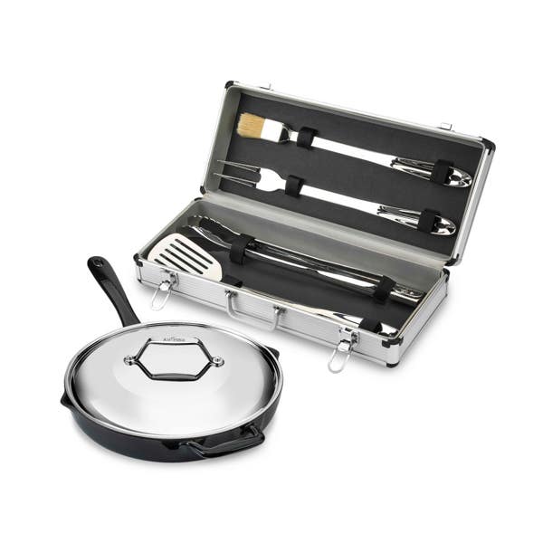 all clad Enameled Cast Iron 12 inch Skillet with Lid & 5 piece BBQ Tool Set