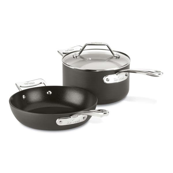 all clad Essentials Nonstick Cookware Set; 2 piece Fry & Sauce Pan with lid Set; 8.5 inch & 2.5 quart