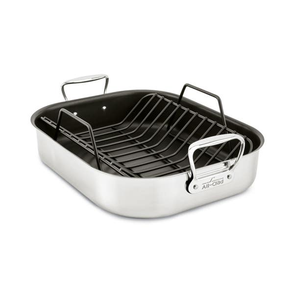 all clad Gourmet Accessories; Large Stainless Steel Nonstick Roaster with Rack; 13 x 16 inch