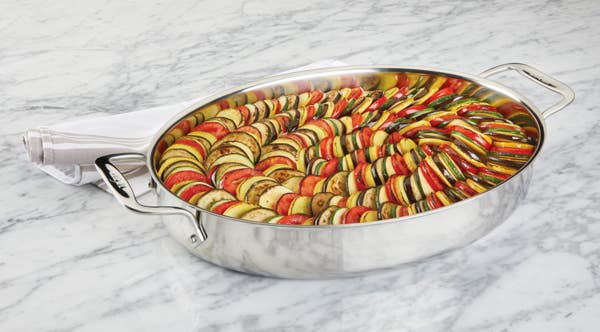 All Clad Gourmet Accessories; Stainless Steel Oval Baker With 2 Red Pot Holders; 15 Inch