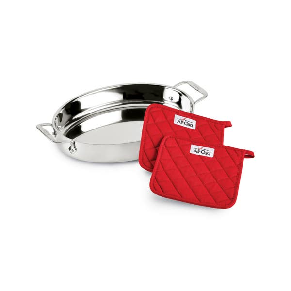 all clad Gourmet Accessories; Stainless Steel Oval Baker with 2 Red Pot Holders; 15 inch