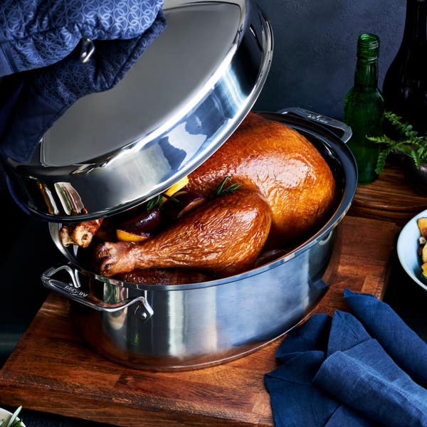 All Clad Gourmet Accessories Stainless Steel Oval Roaster With Lid And Flat Rack 15 Inch