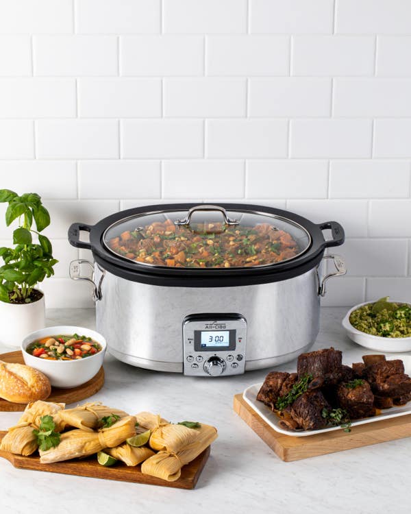 All Clad Gourmet Plus Stainless Steel 7-in-1 Slow Cooker; Nonstick Ceramic Coating; 7 Quart