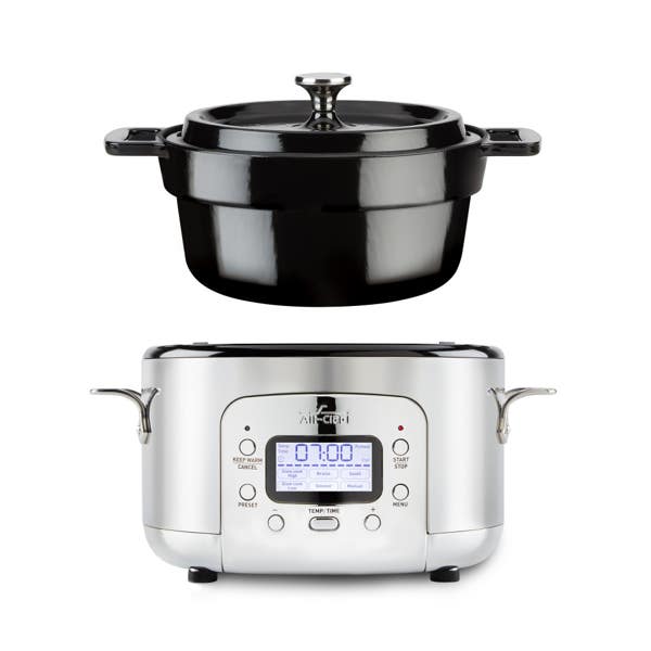 All Clad Stainless Steel 6-in-1 Digital Slow Cooker With Enameled Cast Iron Pot; 5 Quart