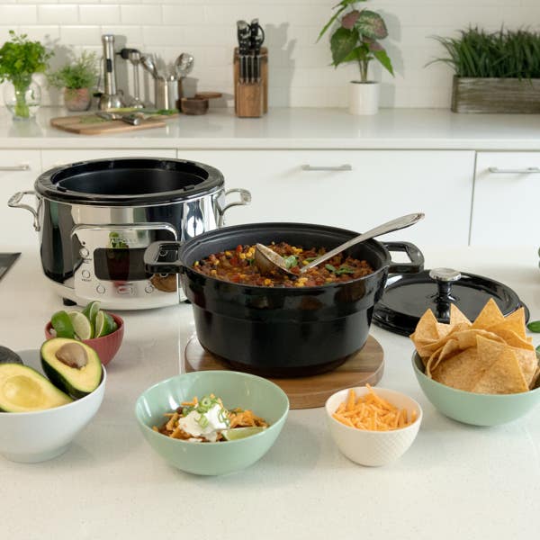 all clad Stainless Steel 6-in-1 Digital Slow Cooker with Enameled Cast Iron Pot; 5 quart