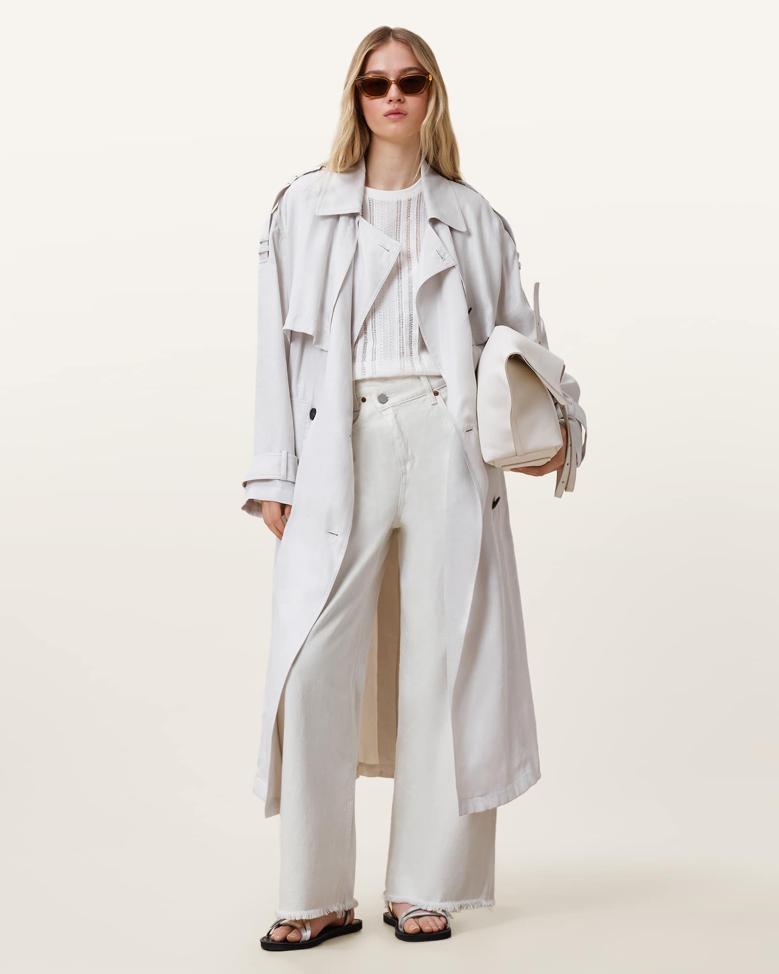 All Saints Aki Crossover Wide Leg Denim Jeans Chalk White