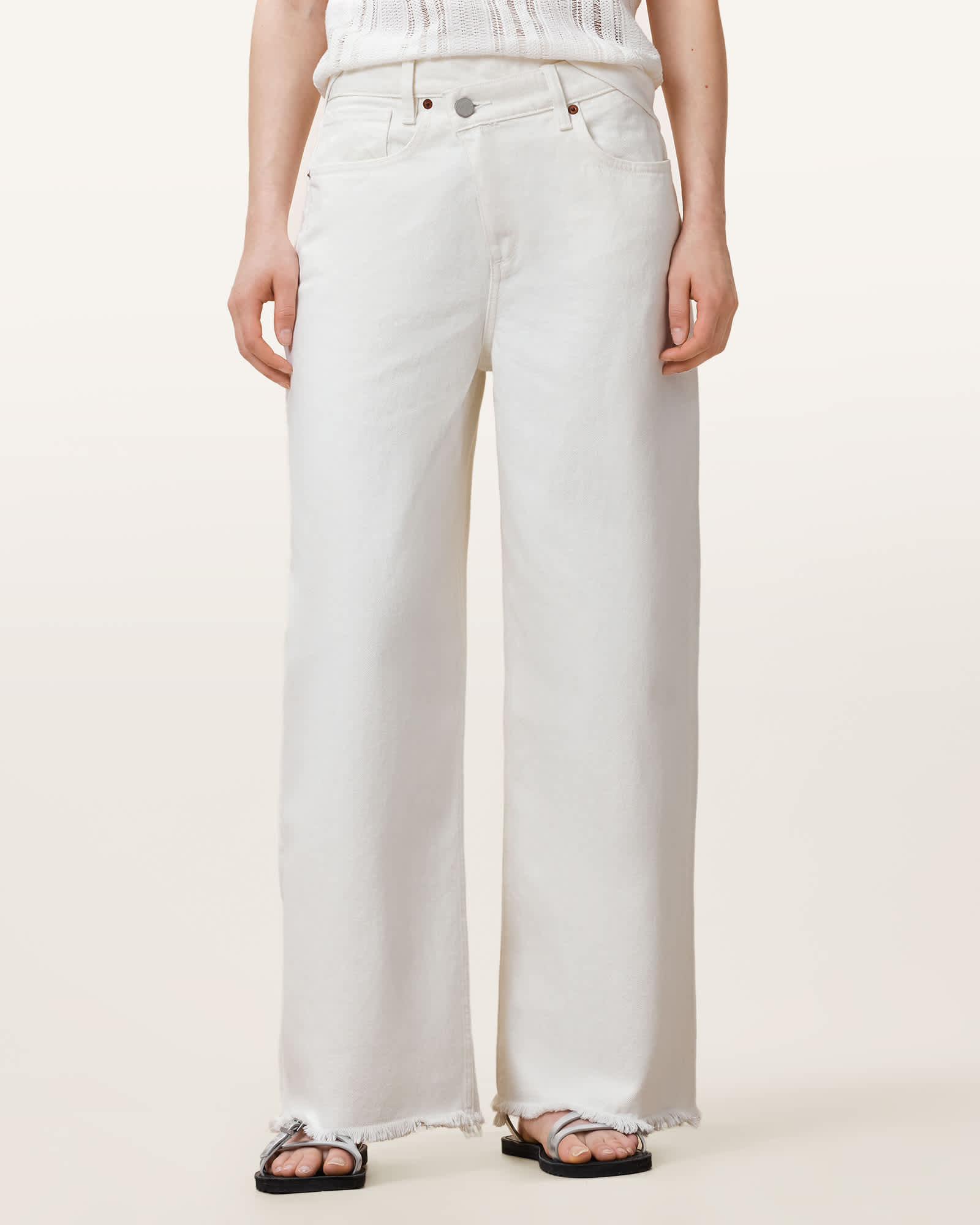 All Saints Aki Crossover Wide Leg Denim Jeans Chalk White