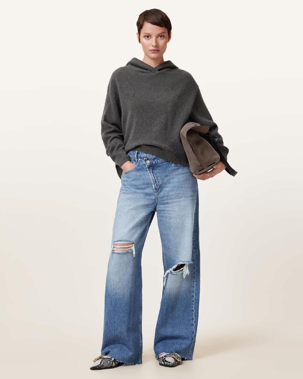 All Saints Aki Crossover Wide Leg Denim Jeans Light Indigo