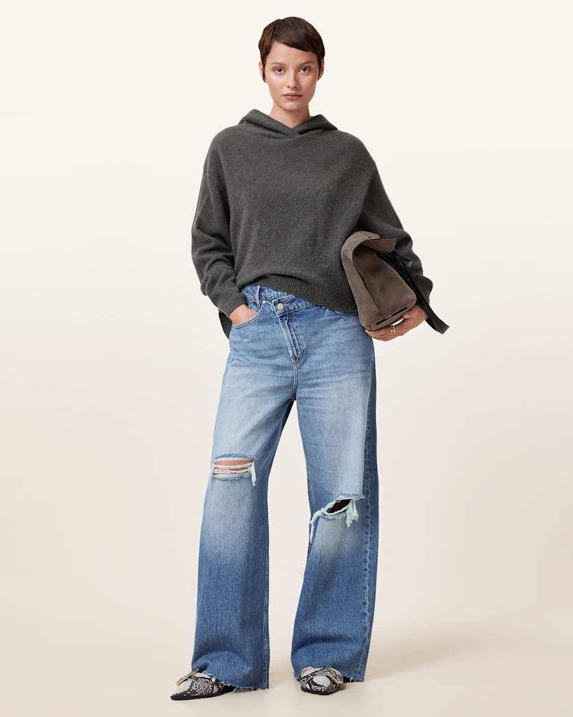 all saints Aki Crossover Wide Leg Denim Jeans Light Indigo