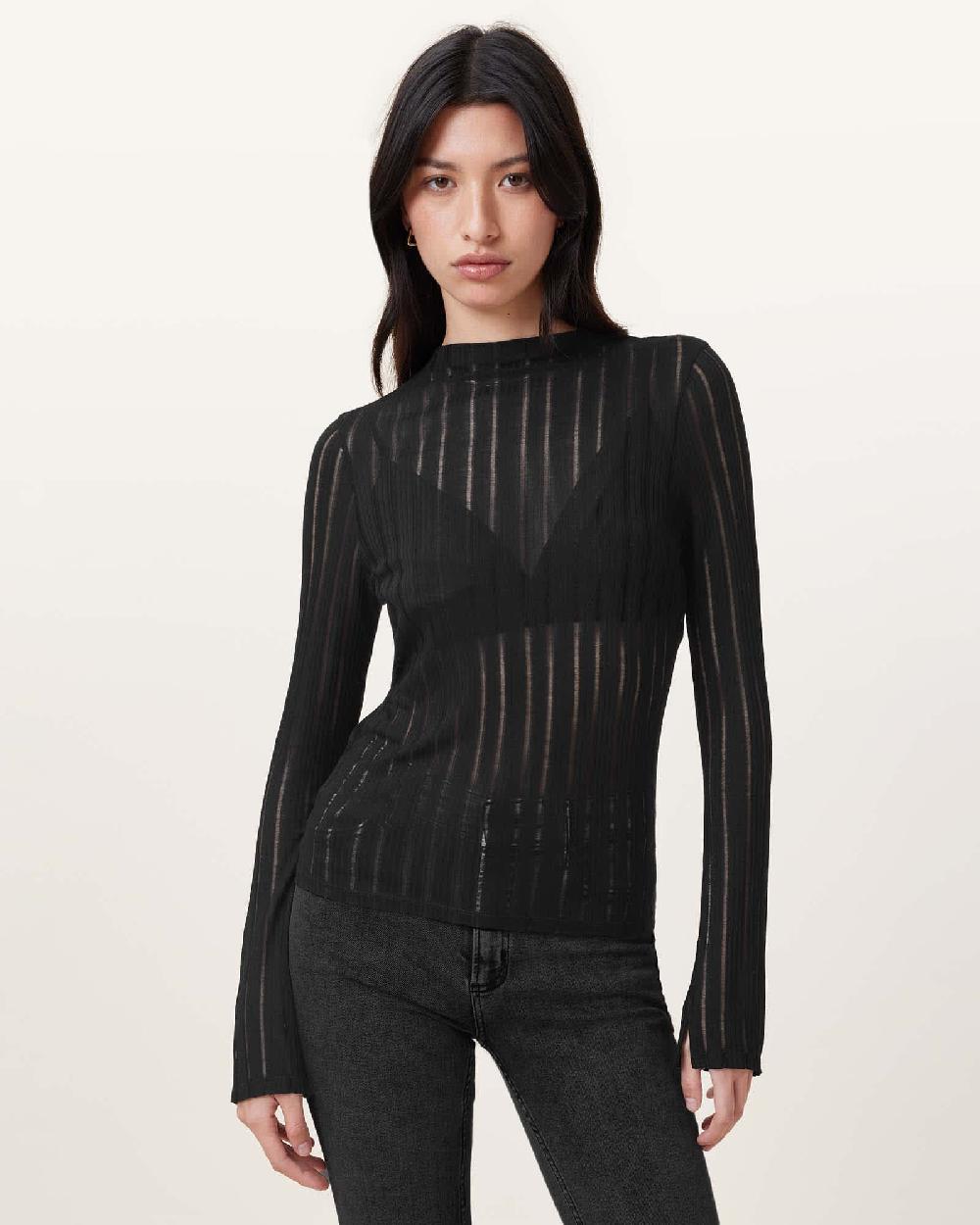 All Saints Aki Long Sleeve Funnel Neck T-Shirt Black