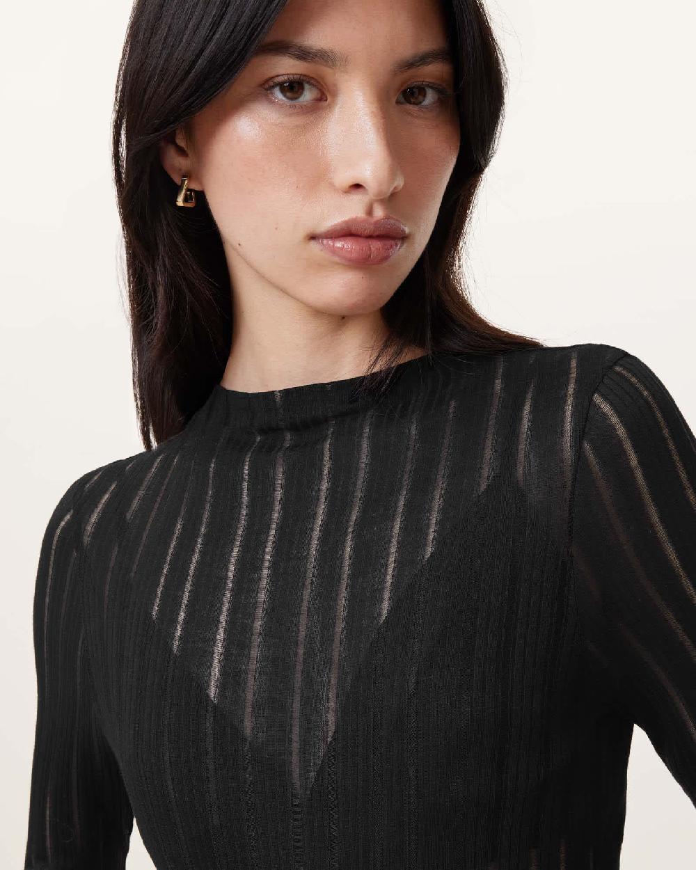 All Saints Aki Long Sleeve Funnel Neck T-Shirt Black