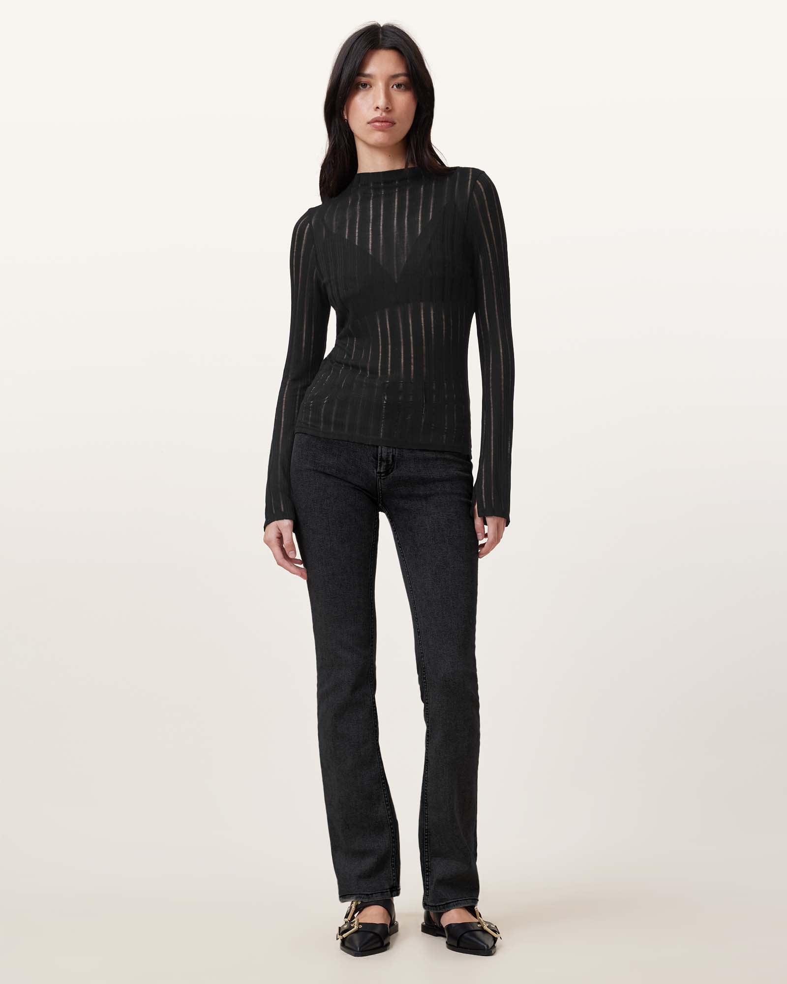 All Saints Aki Long Sleeve Funnel Neck T-Shirt Black