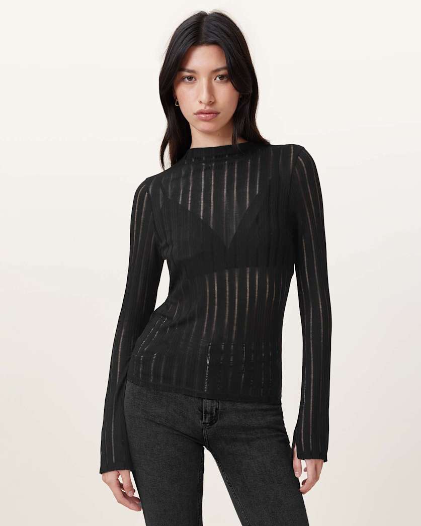 all saints Aki Long Sleeve Funnel Neck T-Shirt Black