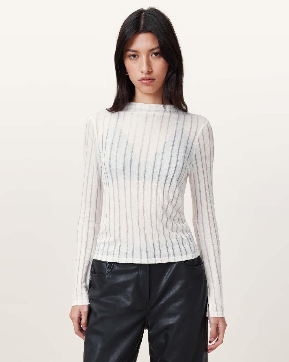 All Saints Aki Long Sleeve Funnel Neck T-Shirt Chalk White