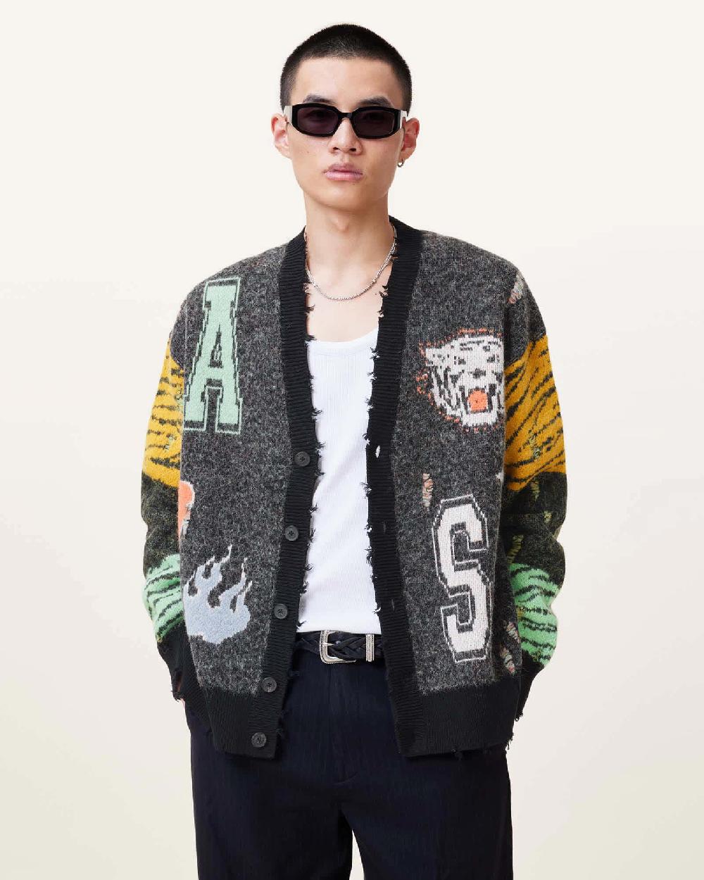 All Saints Akki Oversized Jacquard Cardigan Charcoal Grey