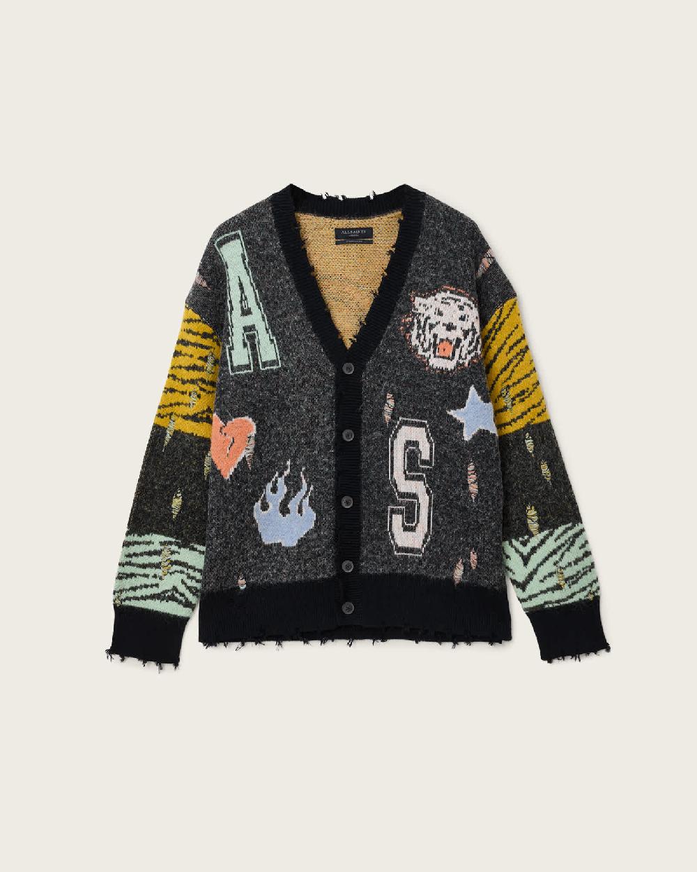 All Saints Akki Oversized Jacquard Cardigan Charcoal Grey