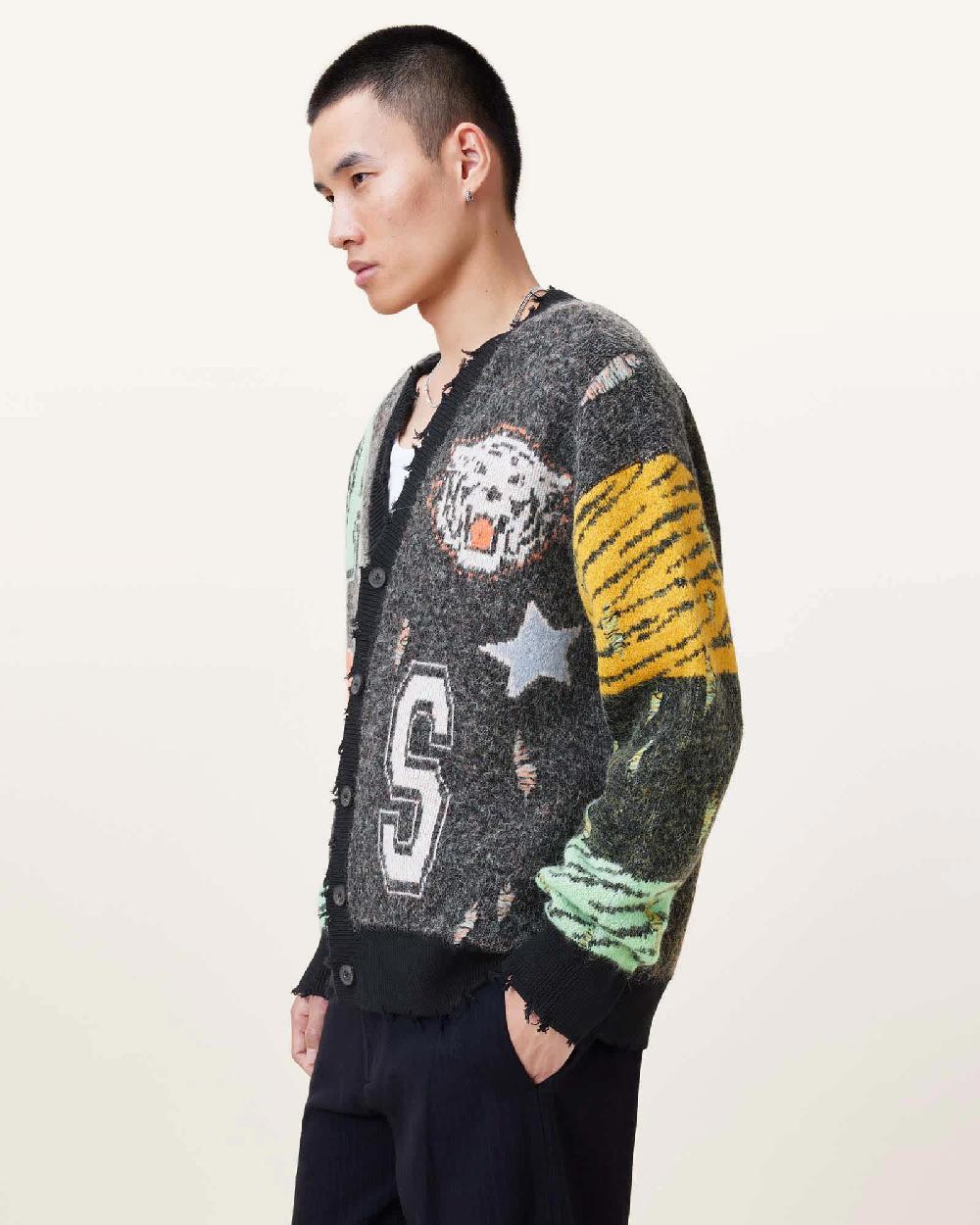 All Saints Akki Oversized Jacquard Cardigan Charcoal Grey