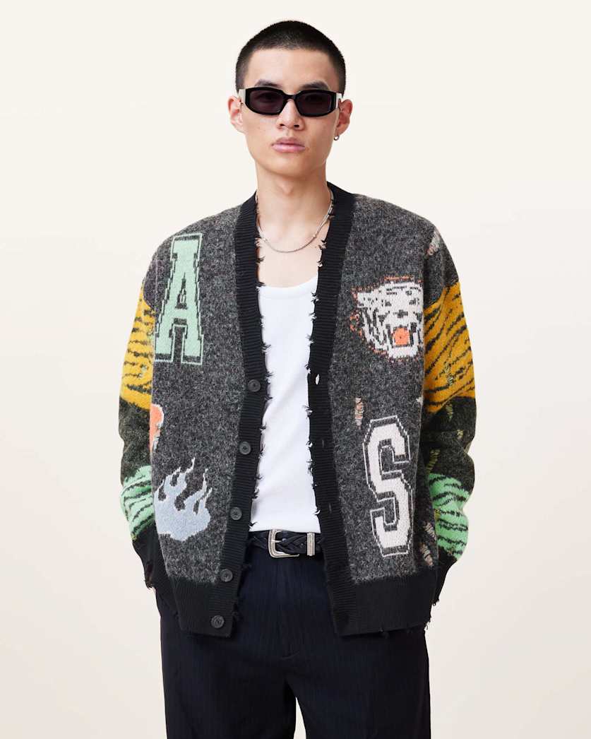 all saints Akki Oversized Jacquard Cardigan Charcoal Grey