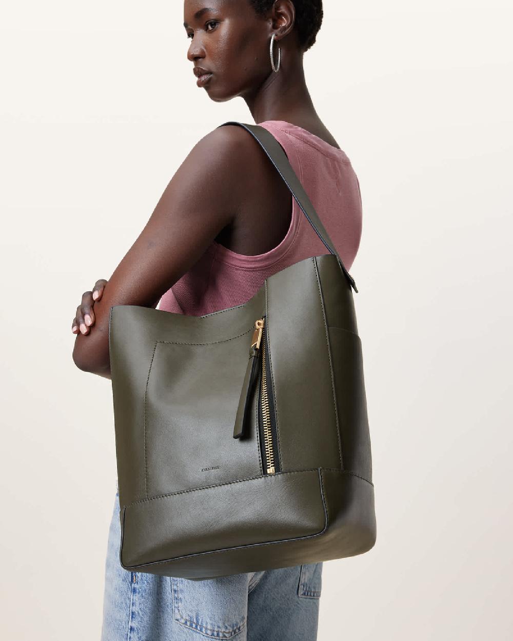All Saints Alba Leather Hobo Shoulder Bag Military Green