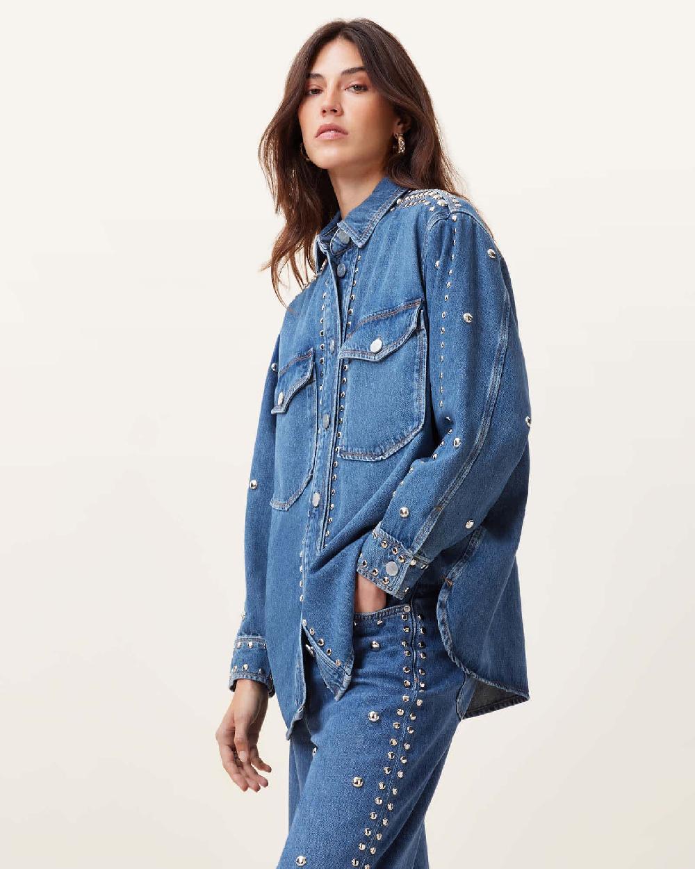 All Saints Alba Studded Oversized Denim Shirt Mid Indigo