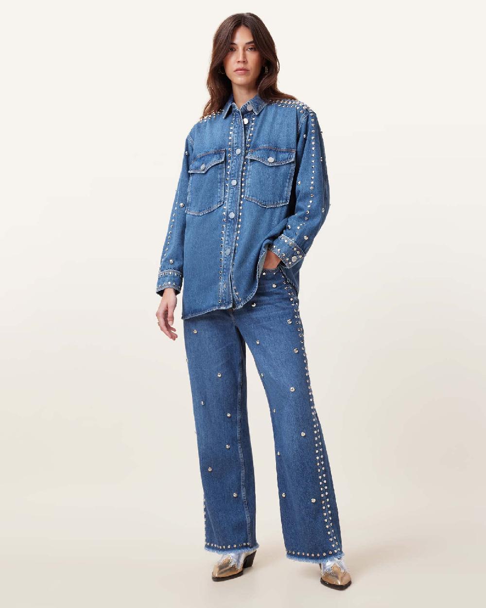All Saints Alba Studded Oversized Denim Shirt Mid Indigo