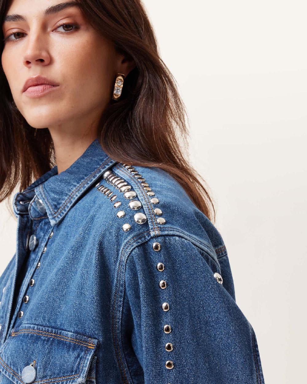 All Saints Alba Studded Oversized Denim Shirt Mid Indigo