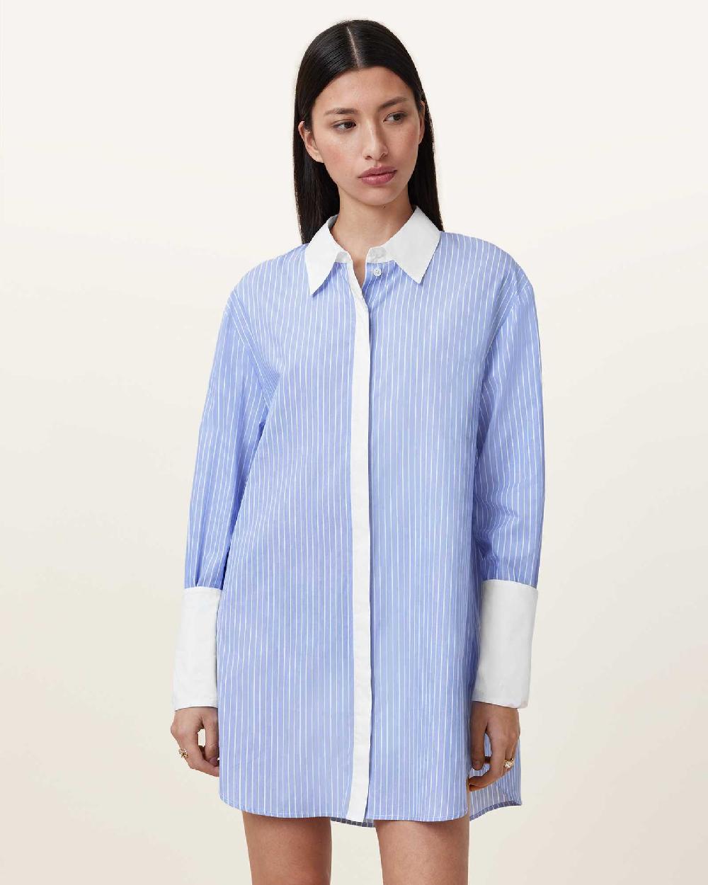 All Saints Alber Long Sleeve Shirt Dress BLUE/WHITE
