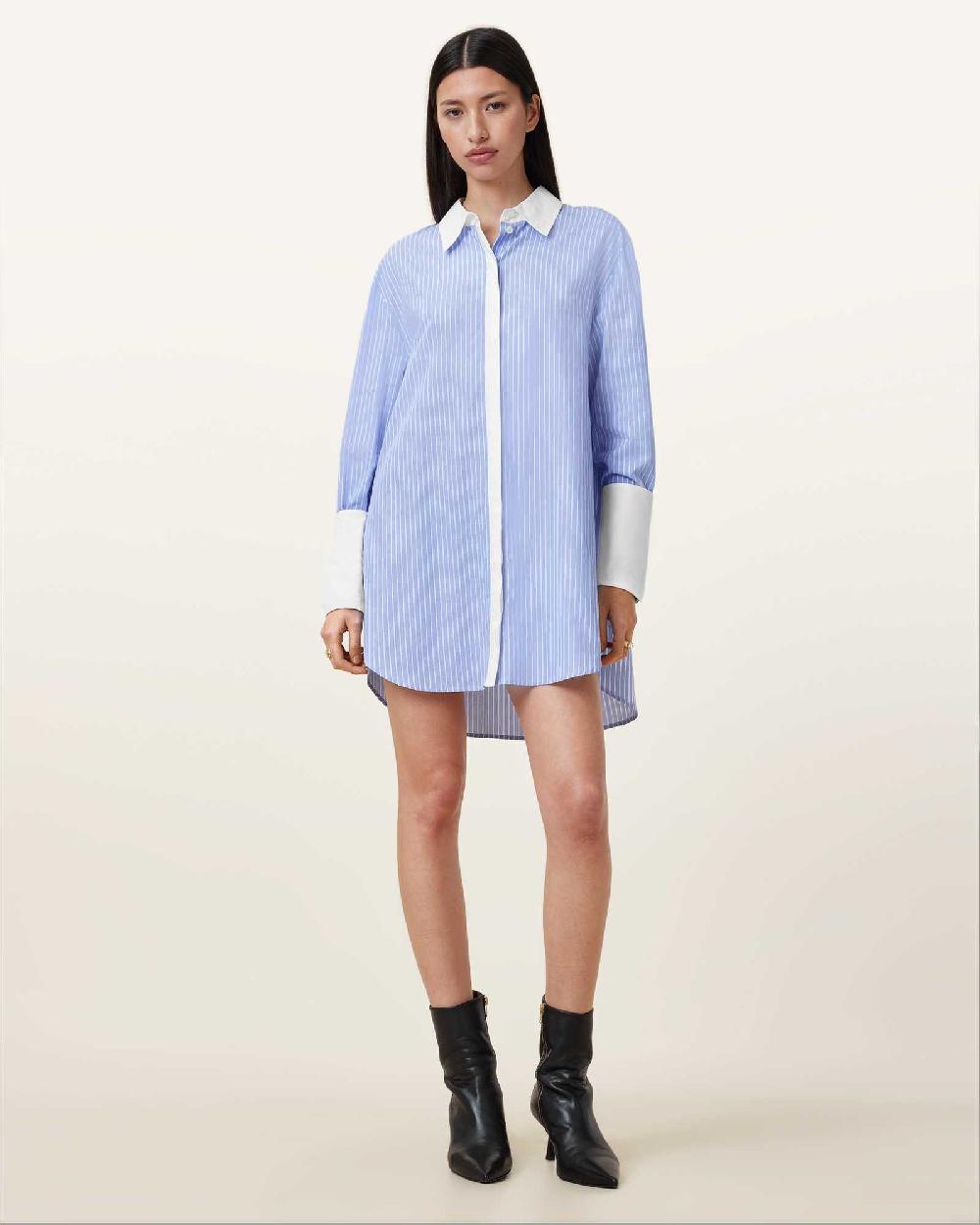 All Saints Alber Long Sleeve Shirt Dress BLUE/WHITE