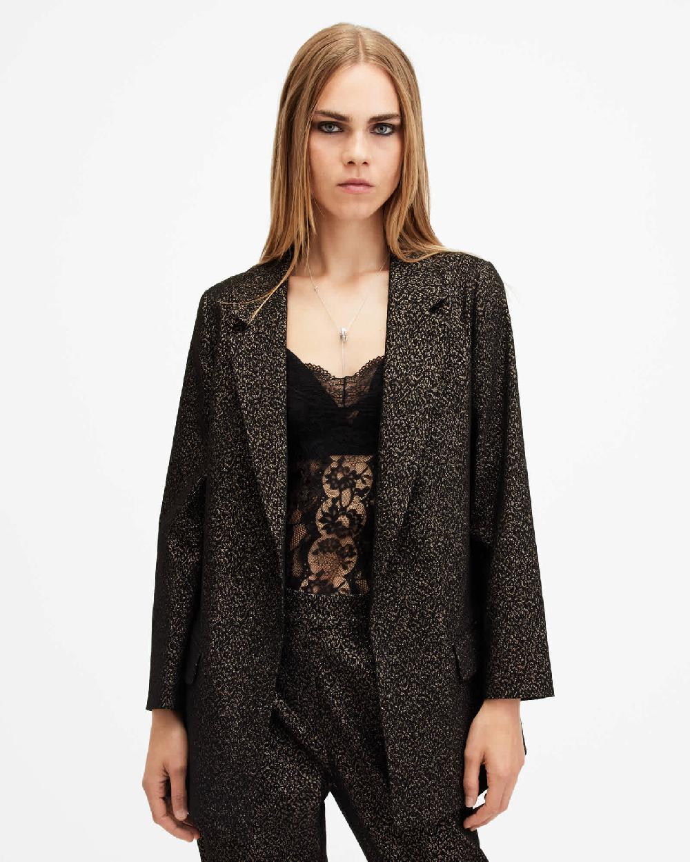 All Saints Aleida Leopard Print Shimmer Blazer BLACK/GOLD