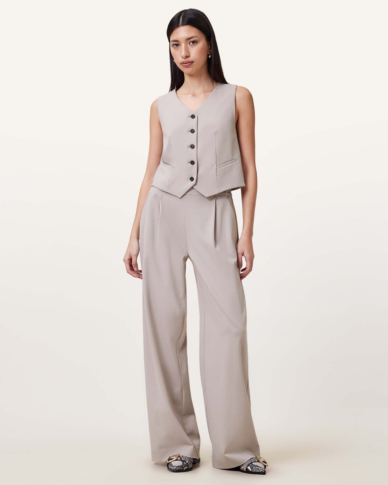 All Saints Aleida Lightweight Wide Leg Pants Greige Brown