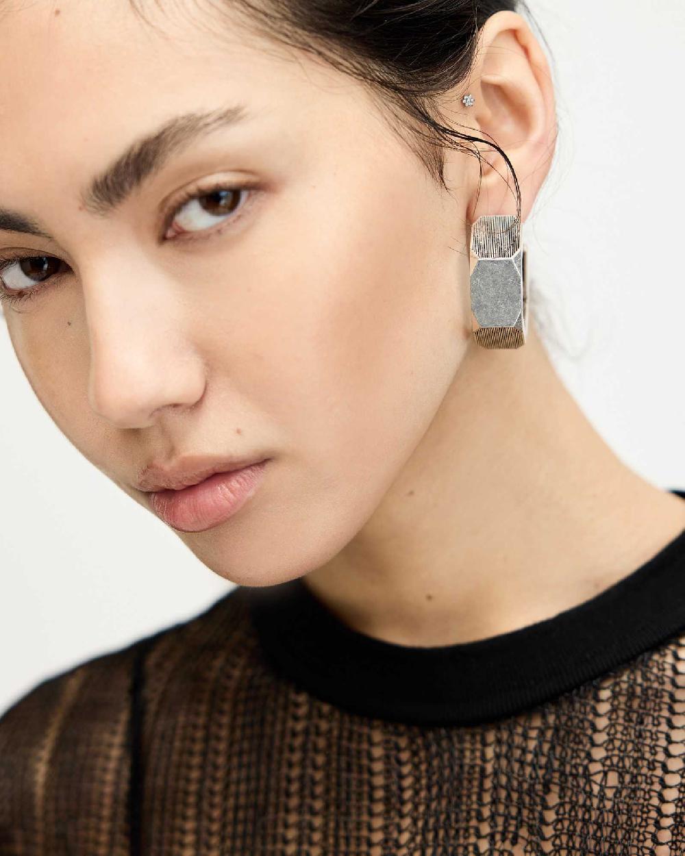 All Saints Alex Chunky Hexagon Hoop Earrings Warm Silver