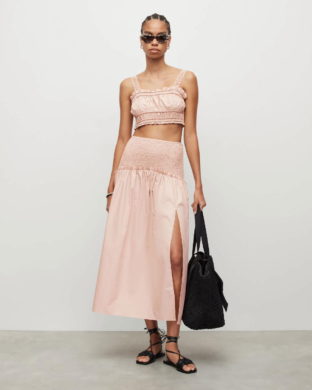 All Saints Alex Smocked Side Split Midi Skirt Soft Pink