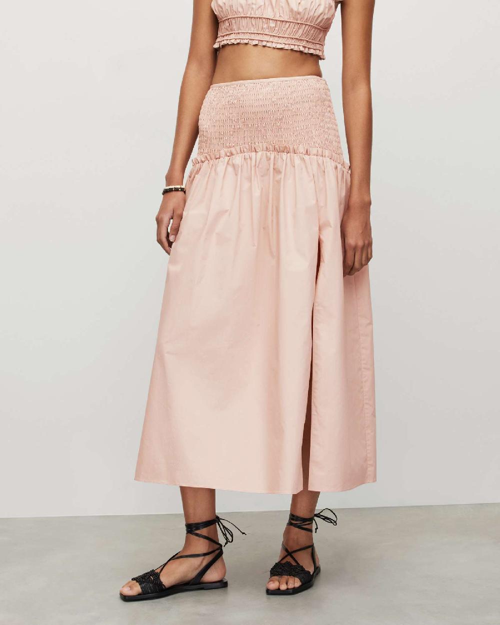 All Saints Alex Smocked Side Split Midi Skirt Soft Pink