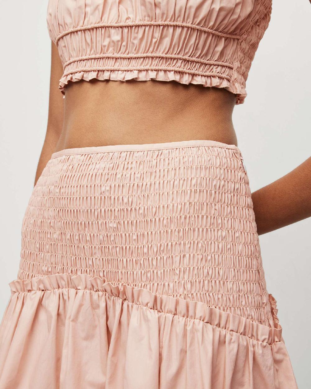 All Saints Alex Smocked Side Split Midi Skirt Soft Pink