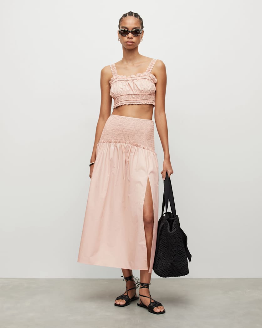 all saints Alex Smocked Side Split Midi Skirt Soft Pink