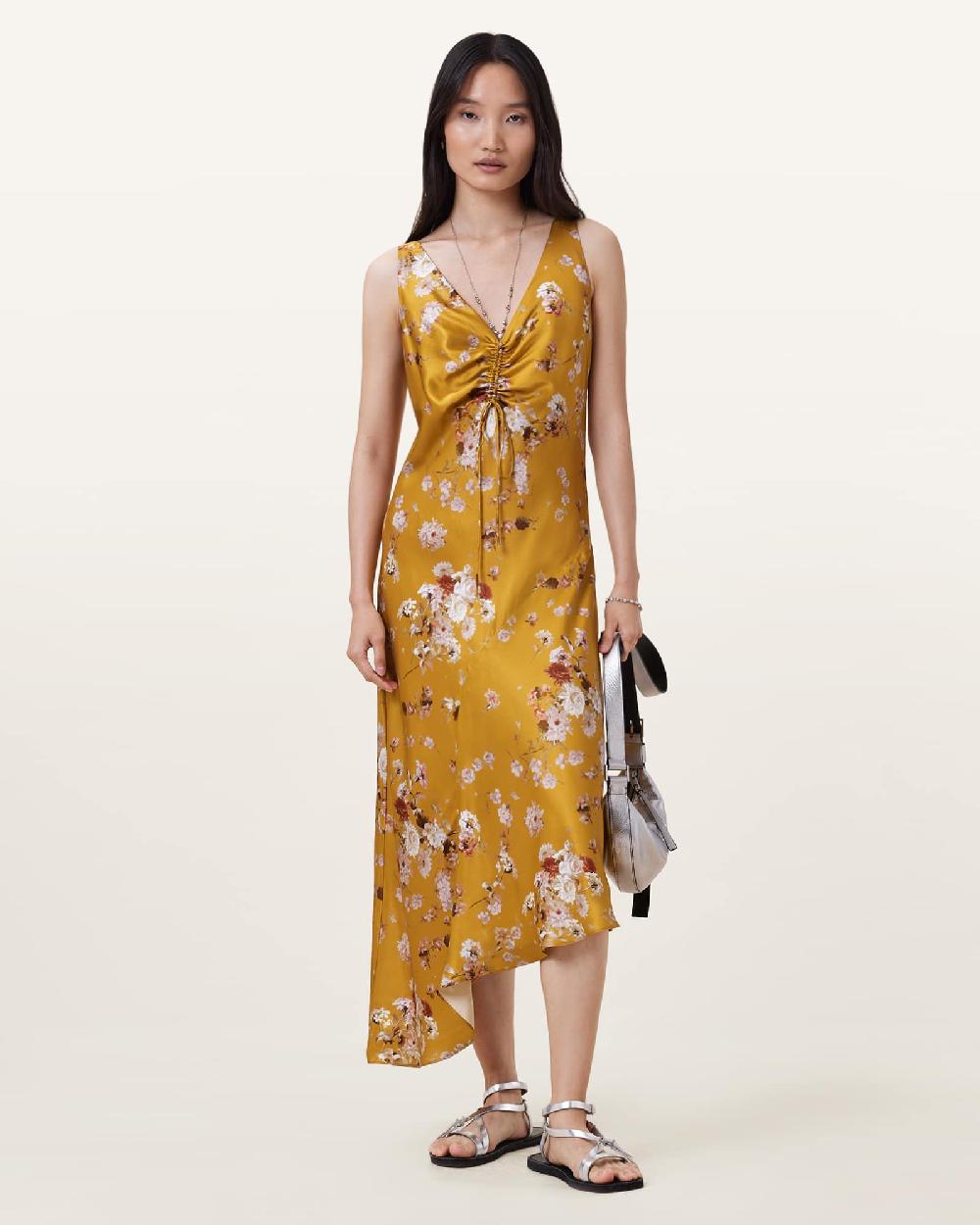 All Saints Alexia V-Neck Drawstring Midi Slip Dress ARMADA DEEP YELLOW