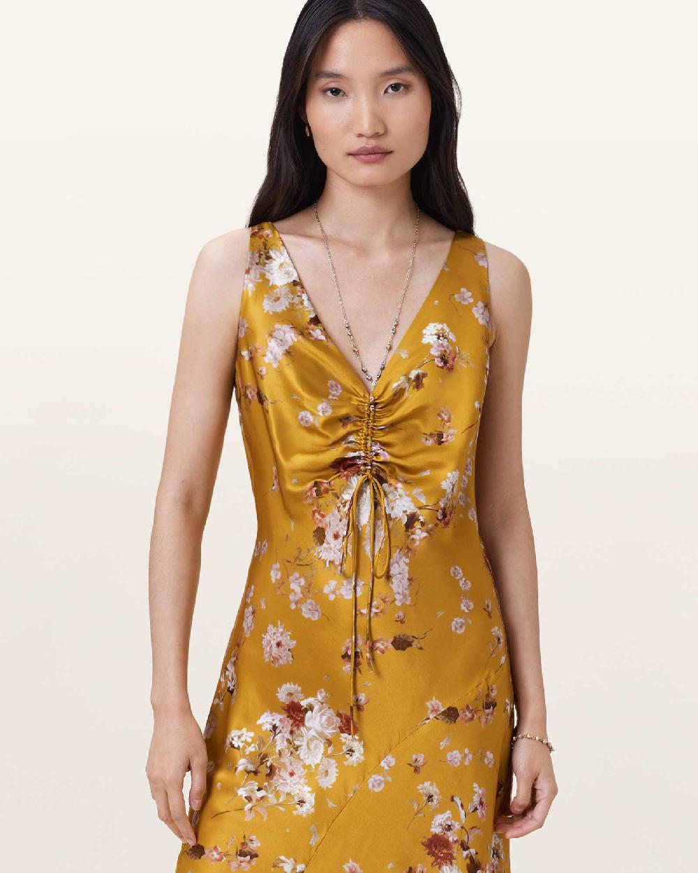 All Saints Alexia V-Neck Drawstring Midi Slip Dress ARMADA DEEP YELLOW
