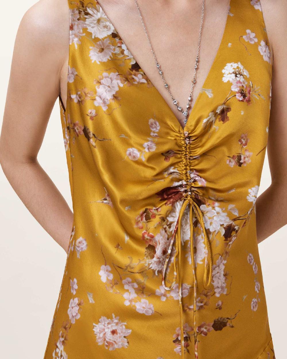 All Saints Alexia V-Neck Drawstring Midi Slip Dress ARMADA DEEP YELLOW
